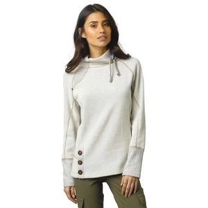 Prana Lucia Gray Cream Fleece Lined Pullover Drawstring Mock Neck Sweater Size S